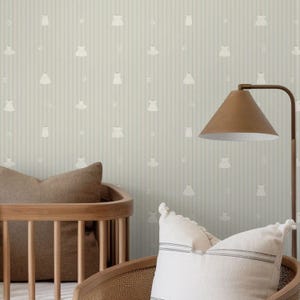 Kids wallpaper for girls room with bows – Pattern Wall Mural, soft green and white wallpaper, removable or traditional material, PVC free