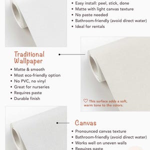May include: An image displaying three wallpaper options: Peel & Stick, Traditional Wallpaper, and Canvas. Each type is described with bullet points. The image shows rolls of white wallpaper and text detailing the features of each type.