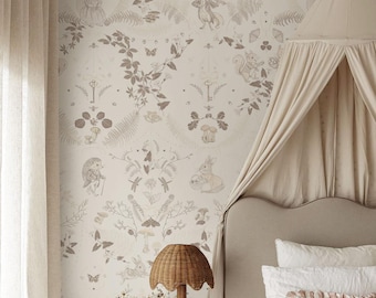 Beige Woodland Animals, Storybook Fox and Rabbit Design for Kids Room Decor