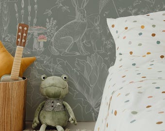 Woodland Dreams – Botanical Forest Wallpaper for Kids | Fox, Rabbit & Ferns Mural | Sage Green Nursery Wallpaper, 6-117R color 2