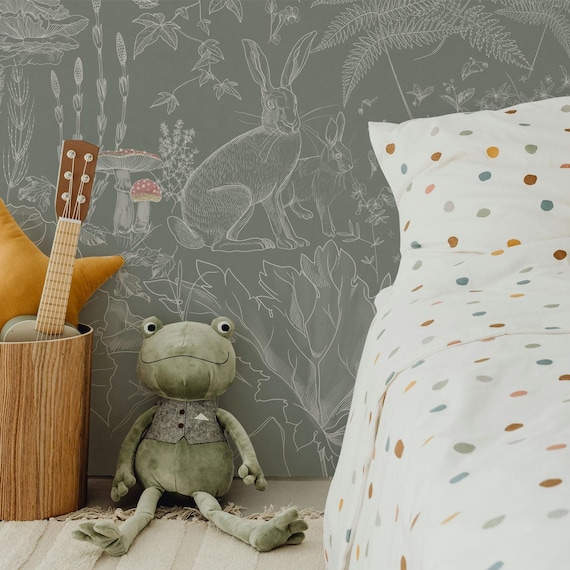 Woodland Dreams – Botanical Forest Wallpaper for Kids | Fox, Rabbit & Ferns Mural | Sage Green Nursery Wallpaper, 6-117R color 2