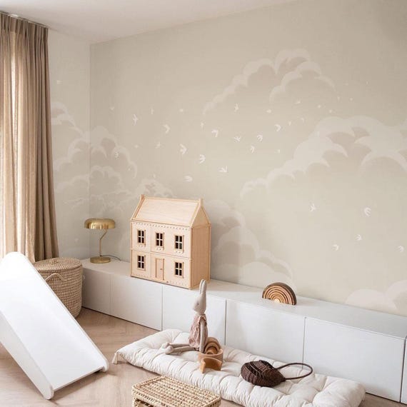 Neutral Cloud & Birds Wallpaper Mural – Soft Beige Sky Wall Art for Kids Room or Nursery