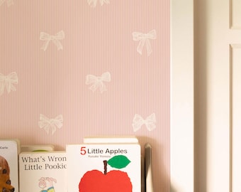 Girls Room Wallpaper – Vintage Pink Wall Mural for Baby Girl Nursery or Toddler Room with  Bows – Soft Beige Striped Removable Wallpaper