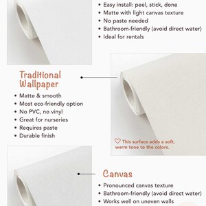 The image is a comparison of two types of wallpapered surfaces: traditional wallpaper and canvas. It highlights the differences between the two, such as ease of installation, texture, and finish.