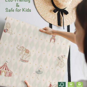 May include: Wallpaper with a circus theme, showing circus animals, a tent, and stars on a light green and white diamond pattern. The text "Eco-Friendly & Safe for Kids" is visible.
