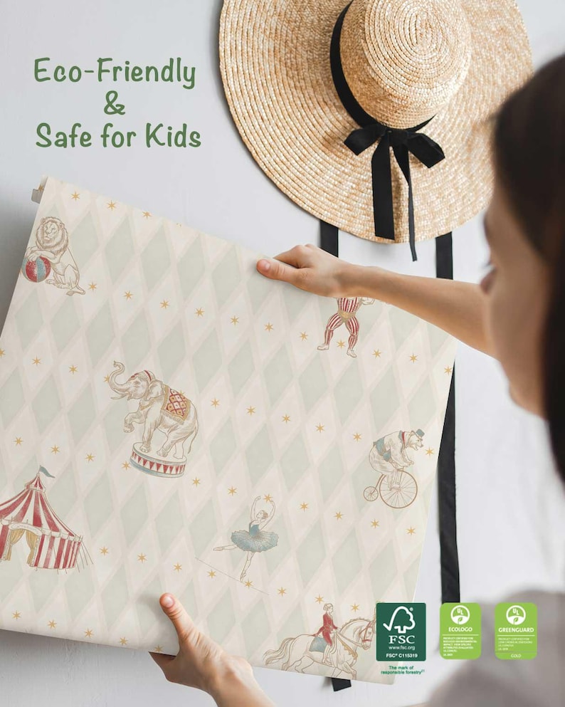 May include: Wallpaper with a circus theme, showing circus animals, a tent, and stars on a light green and white diamond pattern. The text "Eco-Friendly & Safe for Kids" is visible.