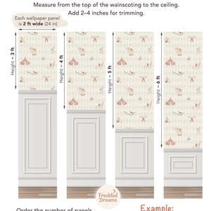 May include: Diagram illustrating wallpaper panels with a circus design, each 61 cm wide. Panels are shown in heights of 91 cm, 122 cm, 152 cm, and 183 cm, with instructions for measuring and ordering.