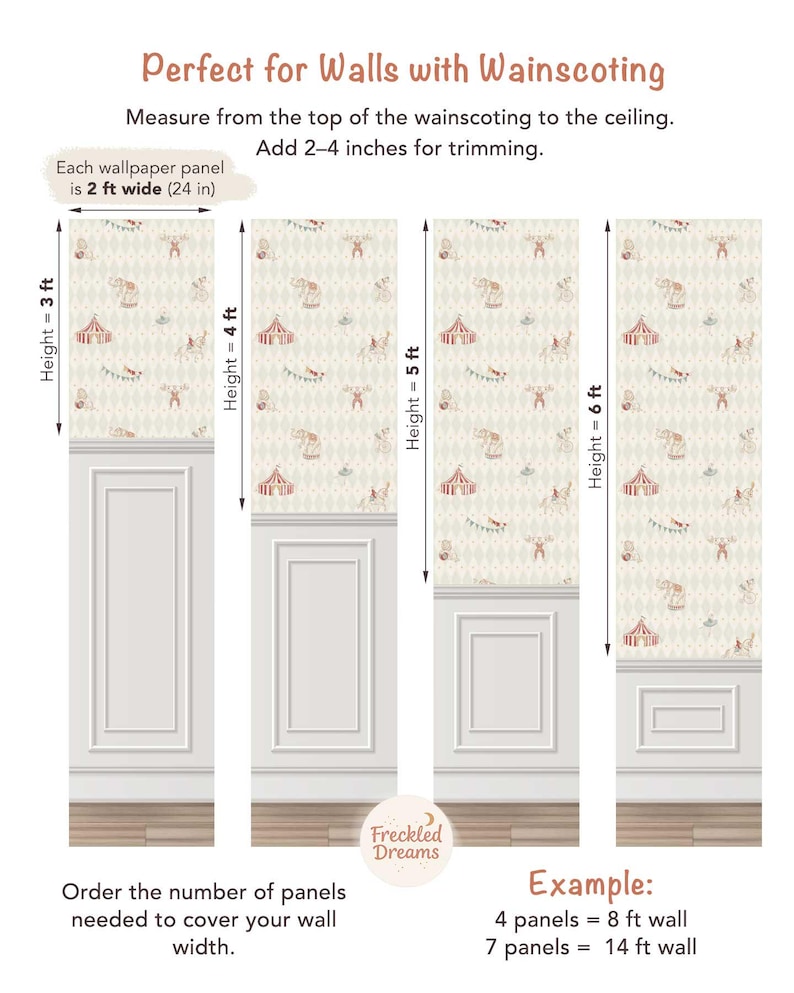 May include: Diagram illustrating wallpaper panels with a circus design, each 61 cm wide. Panels are shown in heights of 91 cm, 122 cm, 152 cm, and 183 cm, with instructions for measuring and ordering.