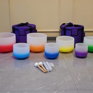 432HZ Perfect Pitch 6''-12'' 7 Pcs Gradient Color Crystal Singing Bowls Set with Free Mallets and Orings