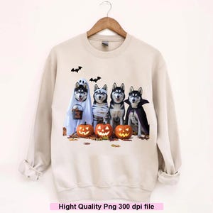 Chien Husky d'Halloween PNG | Clipart Husky Vampire Momie Fantôme Mignon | Sublimation drôle de chien d'Halloween pour t-shirts, autocollants | Déguisements d'animaux de compagnie