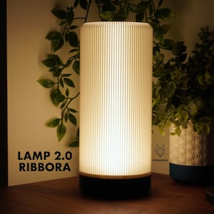 Peut inclure: Lampe cylindrique avec des détails verticaux côtelés, éclairée de l'intérieur, avec une base sombre. Le texte "LAMP 2.0 RIBBORA" est visible à gauche. La lampe est sur une surface en bois, avec de la verdure en arrière-plan.