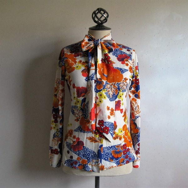 Vintage 70s Orange Blouse Happy 1970s Colorful Floral Secretary Pussy Bow Ladies Blouse Small