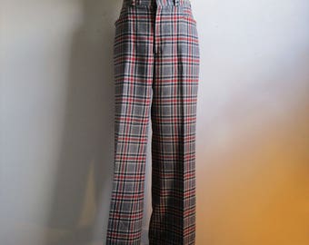 Vintage 80s Mens Plaid Pants Navy Blue Red Casual Sport 1980s Tall Trousers 36W 43L