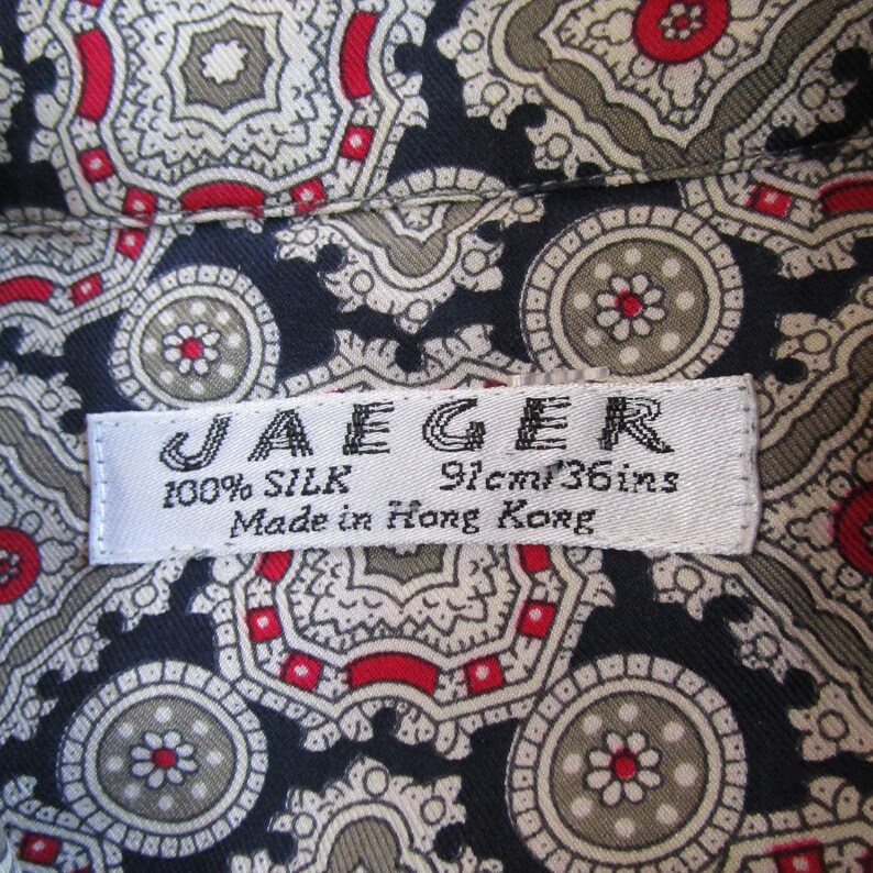 Vintage Jaegar 80s Medallion Blouse Dark Blue Silk Twill Ornate 1980s Executive Long Sleeve Shirt Large