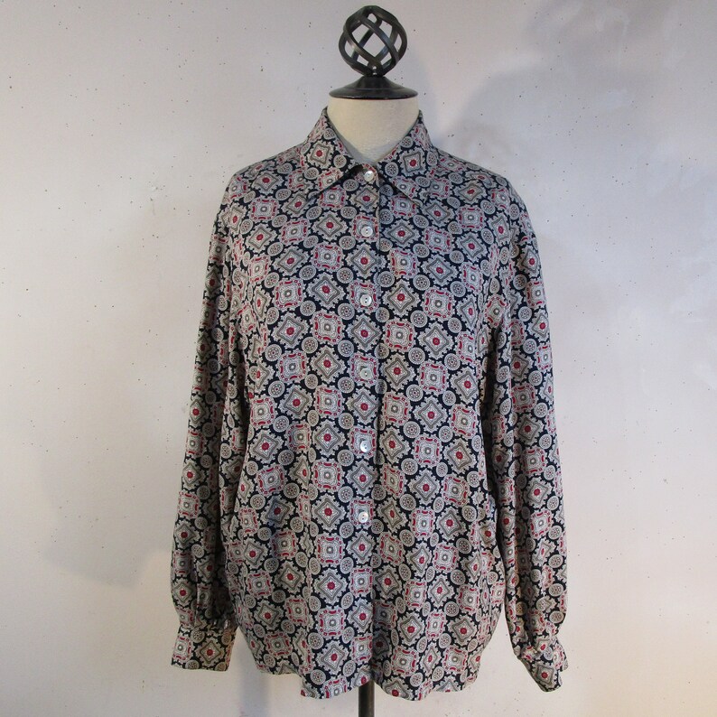 Vintage Jaegar 80s Medallion Blouse Dark Blue Silk Twill Ornate 1980s Executive Long Sleeve Shirt Large