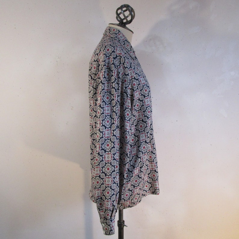 Vintage Jaegar 80s Medallion Blouse Dark Blue Silk Twill Ornate 1980s Executive Long Sleeve Shirt Large