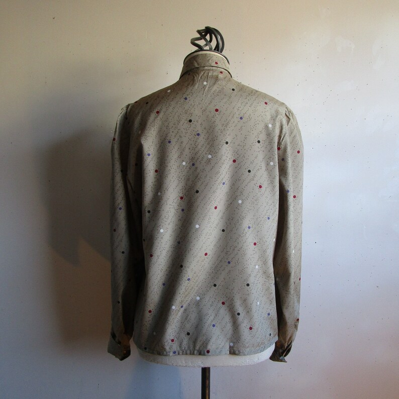 Secretary 70s Pleated Blouse Vintage Mister Leonard Taupe Polka Dot Crepe 1970s Womens Day Wear Top 8