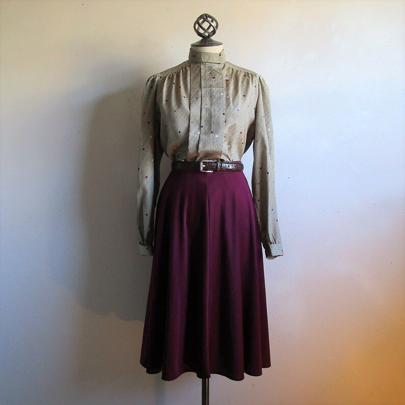 Secretary 70s Pleated Blouse Vintage Mister Leonard Taupe Polka Dot Crepe 1970s Womens Day Wear Top 8