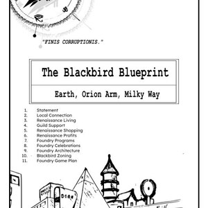 Könnte beinhalten: Schwarz-weiß E-Book-Cover mit dem Titel "The Blackbird Blueprint" und einer stilisierten Vogelillustration. Das Cover enthält das Veröffentlichungsdatum und eine Liste von Themen wie "Renaissance Living" und "Foundry Architecture".