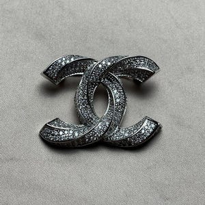 Vintage Rare Brooch Silver Tone Chanel With Stones Monogram Big Logo