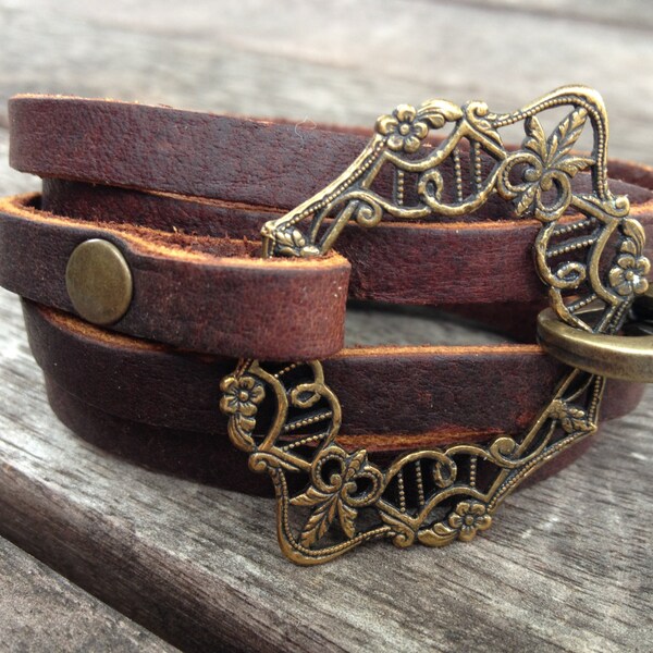 brass filigree leather wrap BRACELET