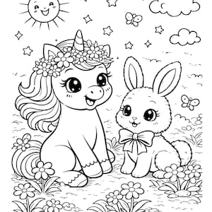May include: Black and white illustration of a unicorn and a bunny sitting in a field of flowers. The unicorn has a flower crown and the bunny has a bow. The background includes a smiling sun, stars, clouds, and butterflies.