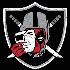 May include: A graphic illustration featuring a red and black masked character wearing a gray football helmet, positioned in front of a shield emblem with two crossed swords. The character holds a white mask over their face with a red gloved hand.