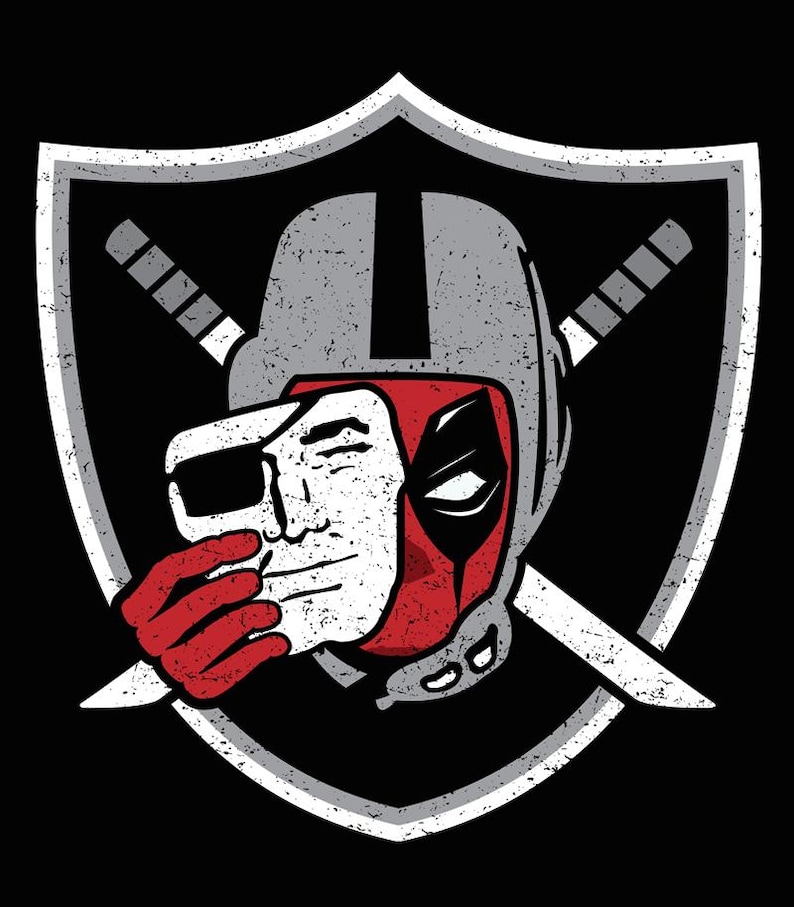 May include: A graphic illustration featuring a red and black masked character wearing a gray football helmet, positioned in front of a shield emblem with two crossed swords. The character holds a white mask over their face with a red gloved hand.