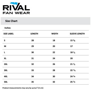 May include: A Rival Fan Wear size chart displaying measurements in inches for sizes S through 5XL. The table lists length, width, and sleeve length for each size. A note at the bottom states product measurements may vary by up to 2 inches.