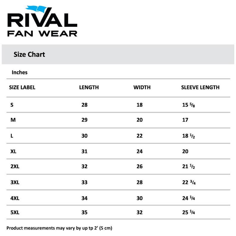 May include: A Rival Fan Wear size chart displaying measurements in inches for sizes S through 5XL. The table lists length, width, and sleeve length for each size. A note at the bottom states product measurements may vary by up to 2 inches.