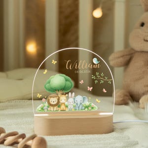 May include: A wooden-based night light with a clear acrylic panel featuring a jungle scene with a lion, giraffe, rabbit, and elephant. The name "William" and date are inscribed on the panel, surrounded by butterflies and a bird.