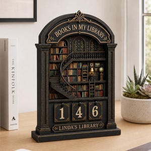 Könnte beinhalten: Ein dekorativer, schwarz-goldener Schreibtisch-Organizer im Bibliotheksstil mit dem Text "BOOKS IN MY LIBRARY" und "LINDA'S LIBRARY". Der Organizer zeigt eine Miniatur-Wendeltreppe, Bücherregale und eine Zahlenanzeige mit "146".
