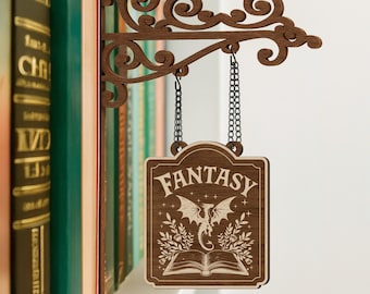 Letrero personalizado para taberna de libros de fantasía, regalo de BookTok, organizador de géneros literarios, regalo de libros de fantasía, separador de biblioteca personalizado (etiqueta de género marrón)