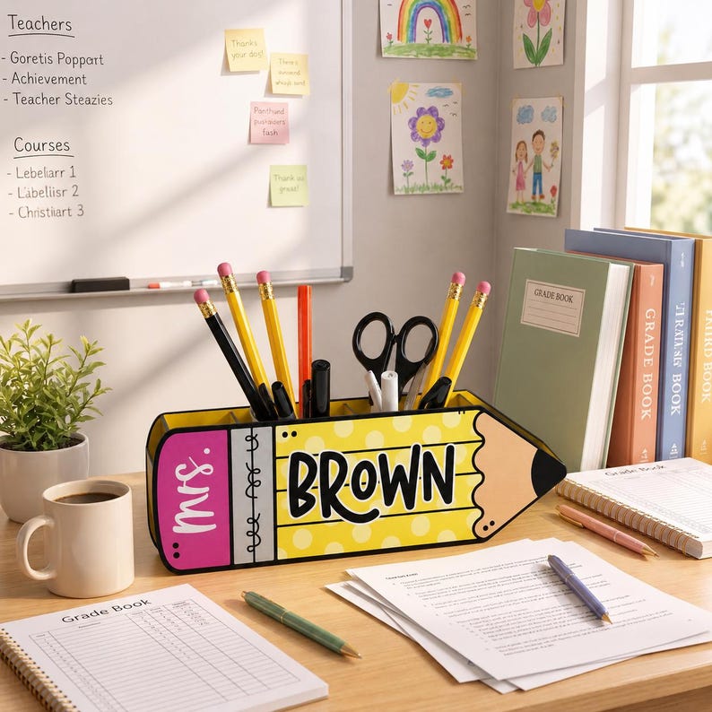 May include: A yellow pencil-shaped desk organizer with the name "BROWN" in bold black letters. The organizer holds pencils, pens, and scissors. A coffee mug, grade book, and other school supplies are on the desk.
