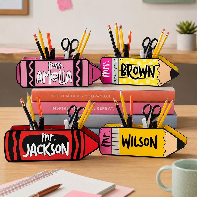 May include: Four personalized pencil and crayon-shaped desk organizers. The pink crayon-shaped organizer reads "mss. AMELIA". The yellow pencil-shaped organizer reads "Mrs. BROWN". The red crayon-shaped organizer reads "Mr. JACKSON". The yellow pencil-shaped organizer reads "Mr. WILSON".