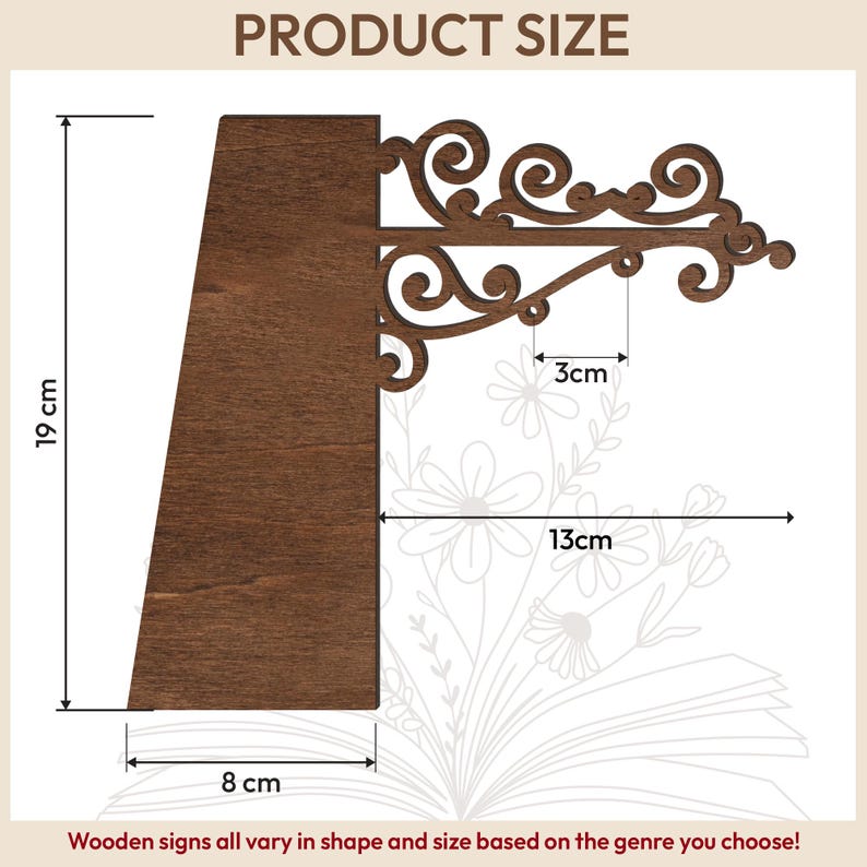 Puede incluir: Un letrero de madera marr&oacute;n oscuro con adornos decorativos, que mide 19 cm de alto, 13 cm de ancho y 8 cm de profundidad. El letrero incluye el texto "PRODUCT SIZE" y la frase "Wooden signs all vary in shape and size based on the genre you choose!"