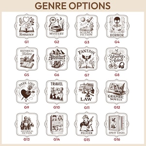 Puede incluir: Una colecci&oacute;n de diecis&eacute;is opciones de g&eacute;neros de libros decorativos, cada una dentro de un marco ornamental &uacute;nico. Los g&eacute;neros incluyen Romance, Misterio, Ciencia Ficci&oacute;n, Terror, Ficci&oacute;n Hist&oacute;rica, Aventura, Fantas&iacute;a, J&oacute;venes Adultos, Amor Oscuro, Viajes, Derecho, Novelas Gr&aacute;ficas, Manga y Polic&iacute;a.