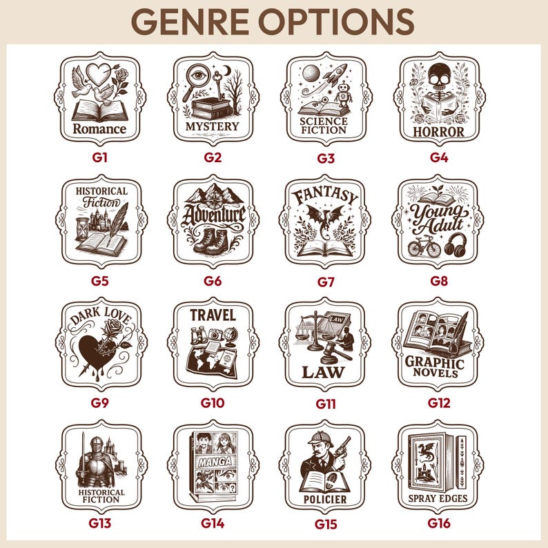 Puede incluir: Una colecci&oacute;n de diecis&eacute;is opciones de g&eacute;neros de libros decorativos, cada una dentro de un marco ornamental &uacute;nico. Los g&eacute;neros incluyen Romance, Misterio, Ciencia Ficci&oacute;n, Terror, Ficci&oacute;n Hist&oacute;rica, Aventura, Fantas&iacute;a, J&oacute;venes Adultos, Amor Oscuro, Viajes, Derecho, Novelas Gr&aacute;ficas, Manga y Polic&iacute;a.