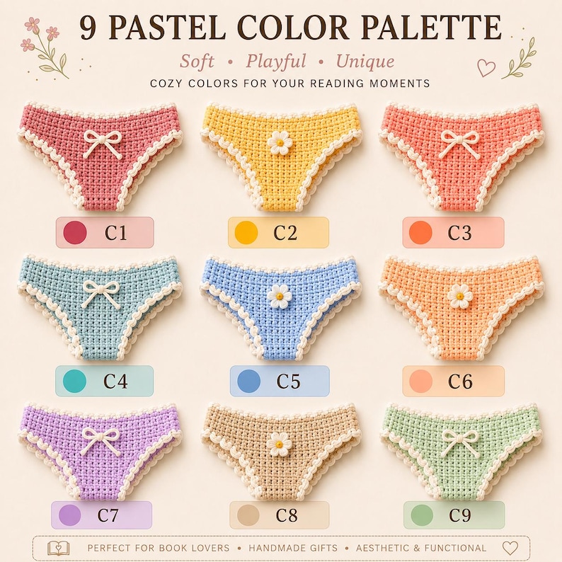 May include: Nine pastel-colored crochet underwear in a variety of colors, including pink, yellow, orange, blue, and green. Each pair features a decorative bow or flower and a scalloped trim. The text reads "9 Pastel Color Palette."