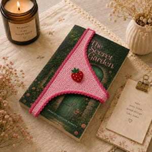 Peut inclure: Un marque-page triangulaire en crochet rose orné d'une petite applique fraise rouge avec des feuilles vertes. Le marque-page est posé sur un exemplaire du livre The Secret Garden de Frances Hodgson Burnett, à la couverture vert foncé.
