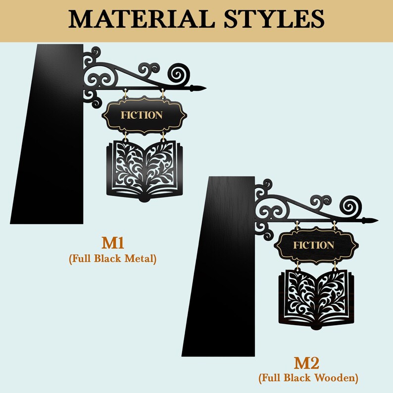 以下が含まれることがあります： 「FICTION」の文字と開いた本のデザインが施された黒い金属と木製の看板。看板にはM1（フルブラックメタル）とM2（フルブラックウッド）と表示されています。書店や図書館向けの看板です。