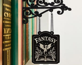 Letrero personalizado de taberna de libros de fantasía, regalo de BookTok, organizador de géneros literarios, regalo para amantes de la lectura, separador de biblioteca personalizado (etiqueta de género negra)