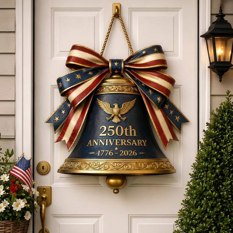 Patrioc Bell Ringer USA 250th Anniversary Wood Wreath – Liberty Bell Patriotic Door Sign ...