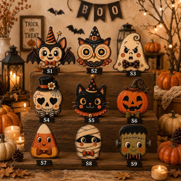 Décoration d'Halloween vintage bloc en bois, décoration d'étagère rétro, enseigne de chat noir citrouille fantôme mignon, décoration d'Halloween squelette chouette sorcière Ver 4