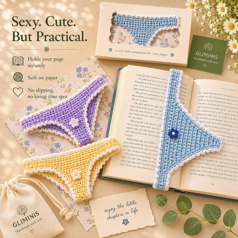 May include: A collection of handmade crochet bookmarks shaped like underwear in various colors: purple, yellow, and blue. Each bookmark features a white trim and a small flower detail. The image includes an open book and a small gift box.