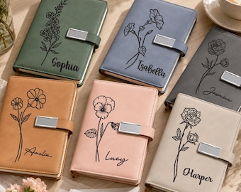 Personalized Leather Journal Set, Custom Birth Flower Notebook with Pen, Graduation Gift, Teacher Appreciation Gift, Birthday Gift for Her