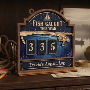 Puede incluir: Registro de pescador de madera con el texto "FISH CAUGHT THIS YEAR" y "David's Angler Log". El registro presenta un diseño de caña de pescar y diales numéricos que muestran "335". El fondo es azul con una ilustración de velero.