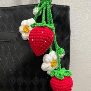 Set of 2 Crochet Strawberry Hanging Charms, Handmade Rearview Mirror Decor, Spring-Inspired Gift for Her, for Nature Lovers