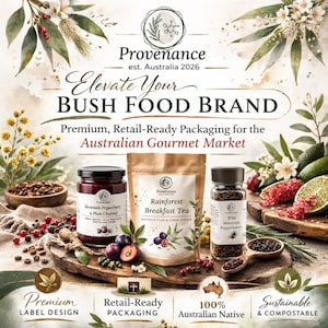 May include: An advertisement for the "Provenance" Bush Food Brand. The image displays products like Mountain Pepperberry & Plum Chutney, Rainforest Breakfast Tea, and Wild Mountain Pepperberry. The packaging is described as premium, retail-ready, and 100% Australian native.