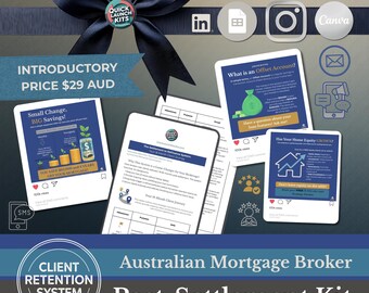 Pode incluir: Imagem promocional para um kit de pós-liquidação de um corretor hipotecário australiano. O design apresenta uma fita azul marinho, ícones de mídia social e telas de telefone simuladas com informações financeiras.